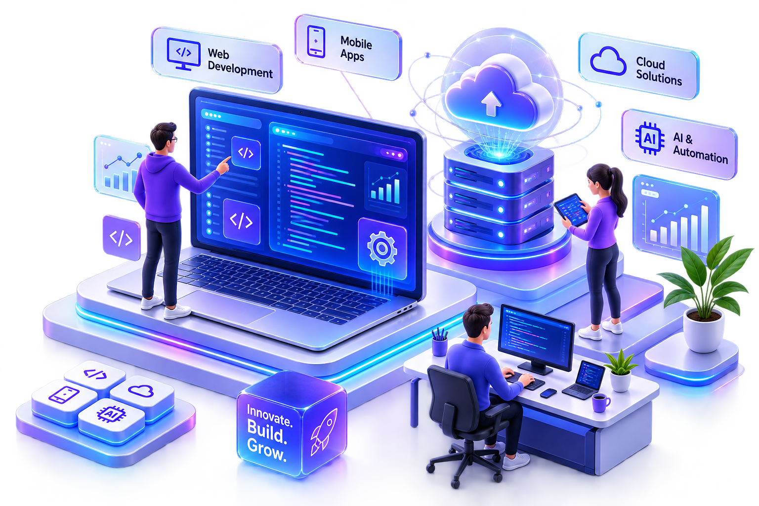 Custom software, web and mobile app development dashboard illustration by Comenzar Technologies